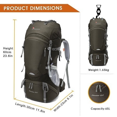 Mountaintop [2016 NEW] 65L Internal Frame Backpack Water-Resistant Hiking Backpack Product DImensions